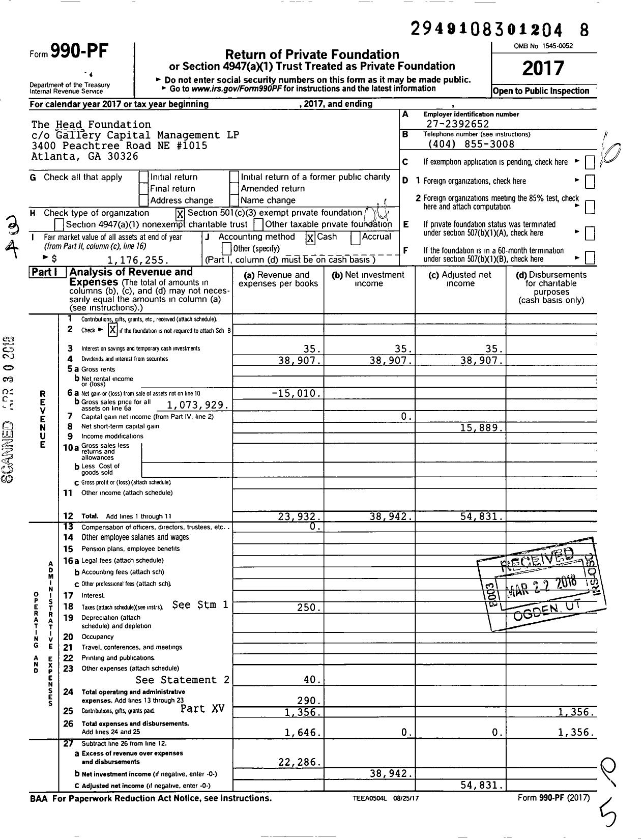 Image of first page of 2017 Form 990PF for The Head Foundation