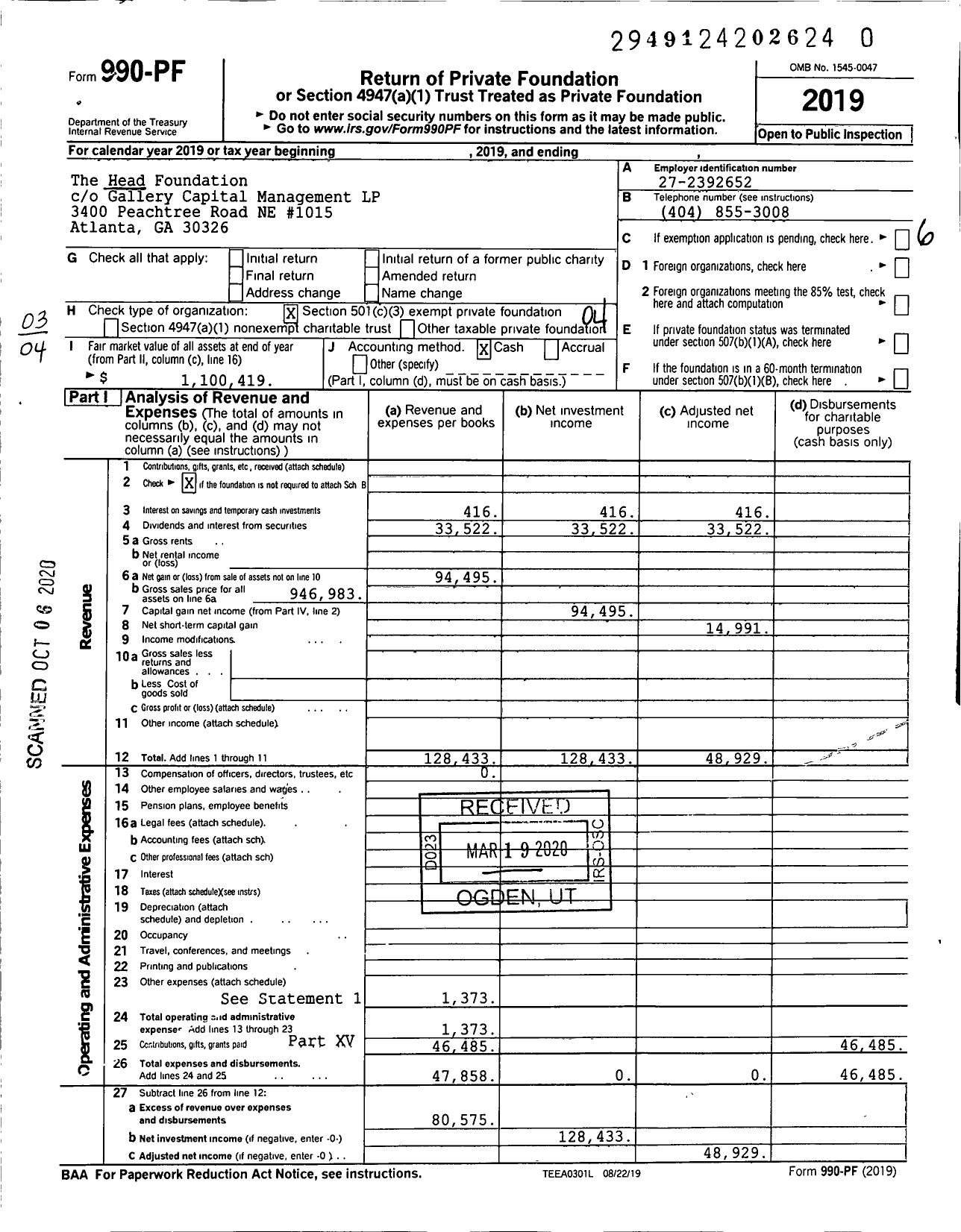 Image of first page of 2019 Form 990PR for The Head Foundation