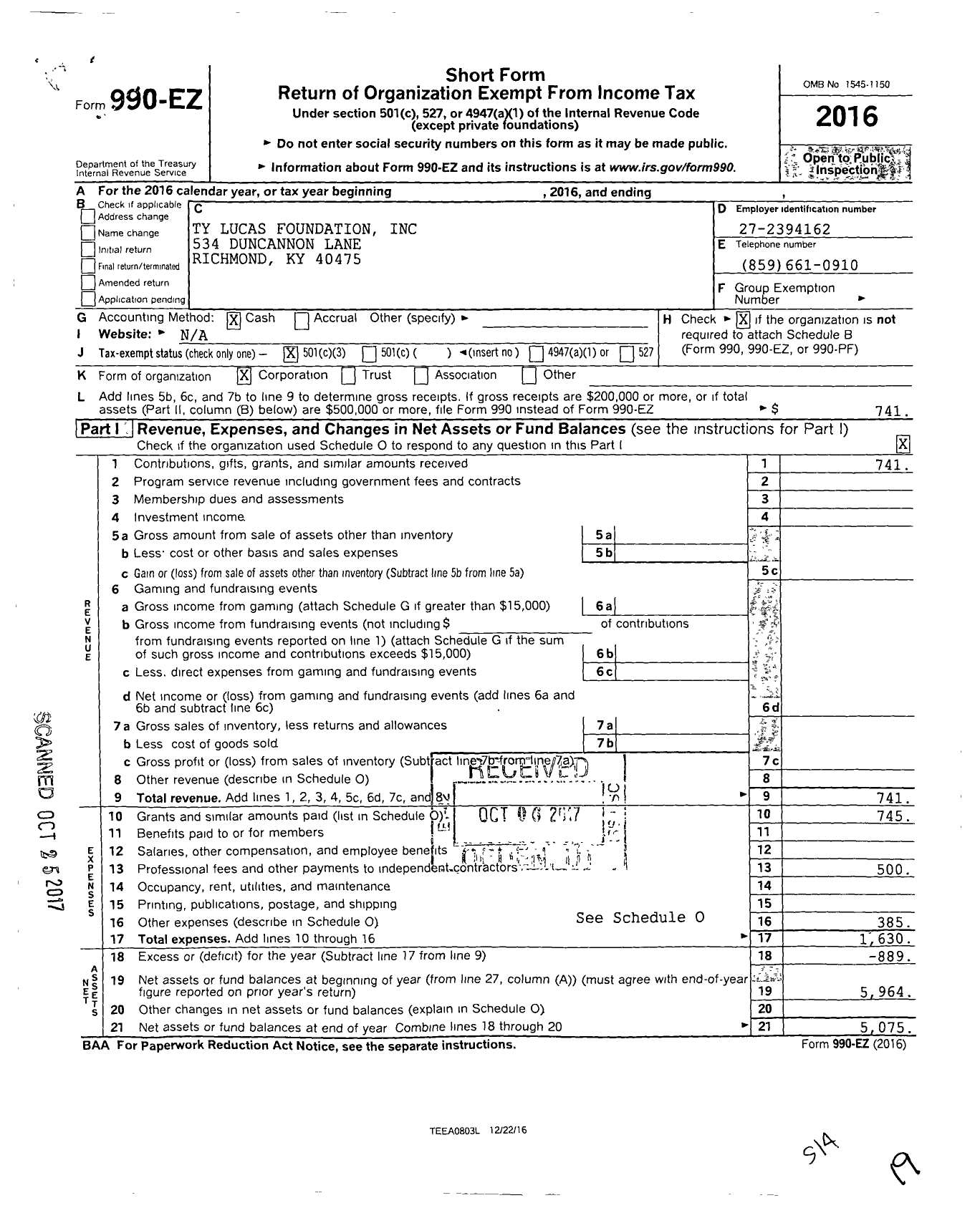 Image of first page of 2016 Form 990EZ for Ty Lucas Foundation