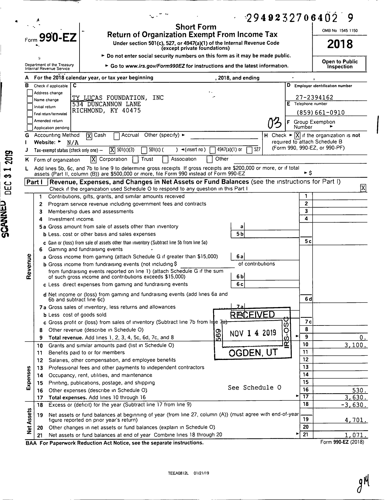 Image of first page of 2018 Form 990EZ for Ty Lucas Foundation