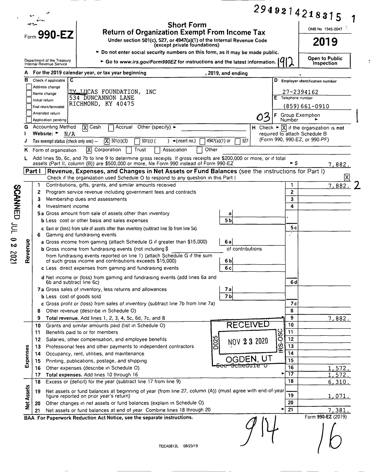 Image of first page of 2019 Form 990EZ for Ty Lucas Foundation
