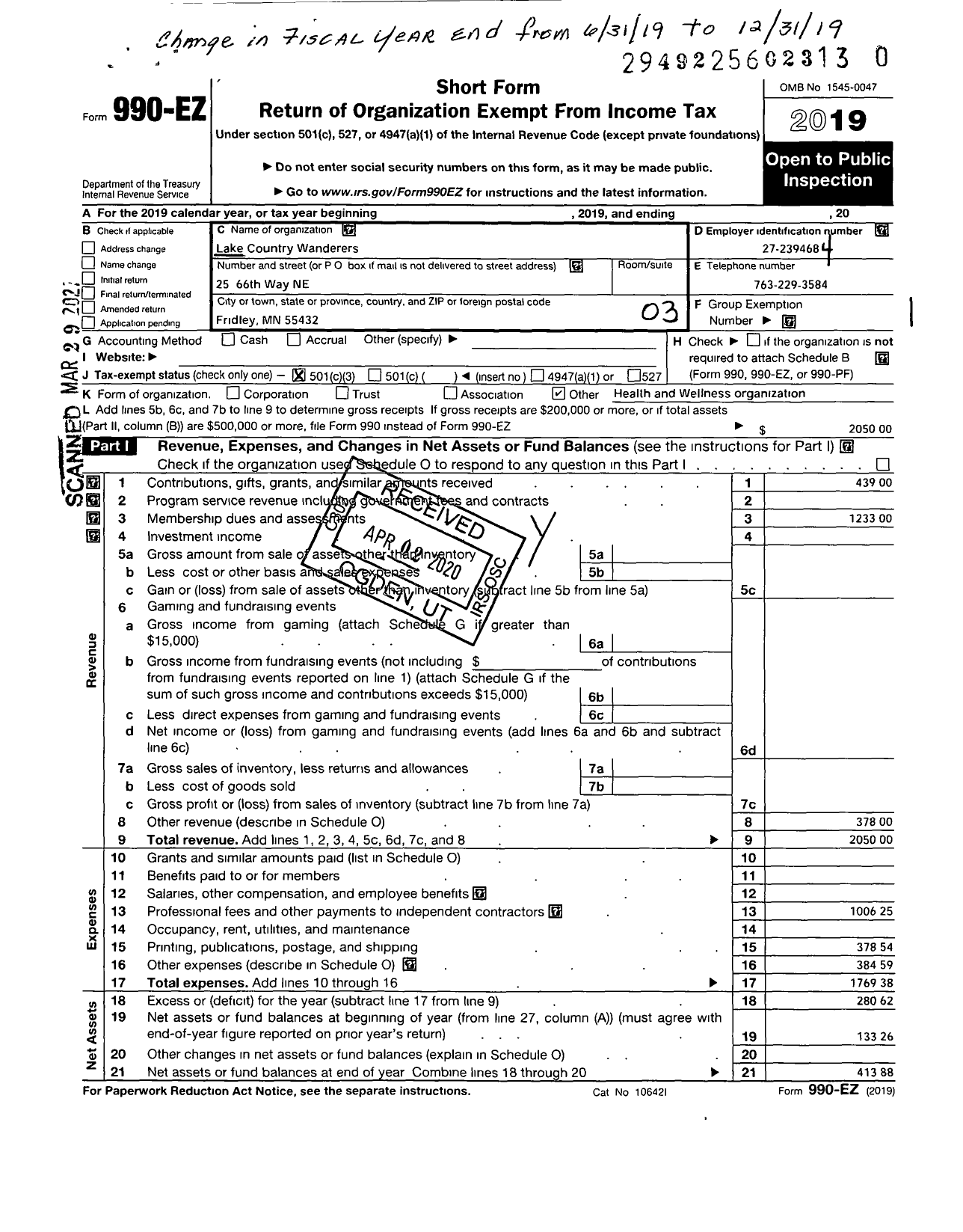 Image of first page of 2019 Form 990EZ for American Volkssport Association - Ava 0956 Lake Country Wanderers