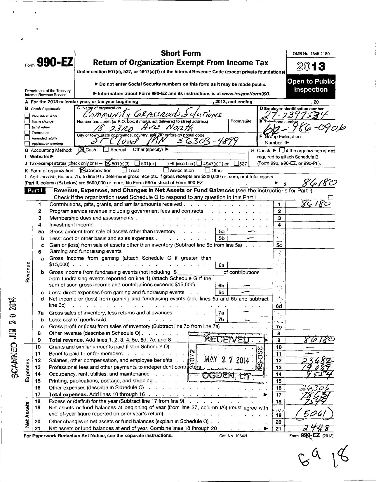 Image of first page of 2013 Form 990EZ for Community Grassroots Solutions