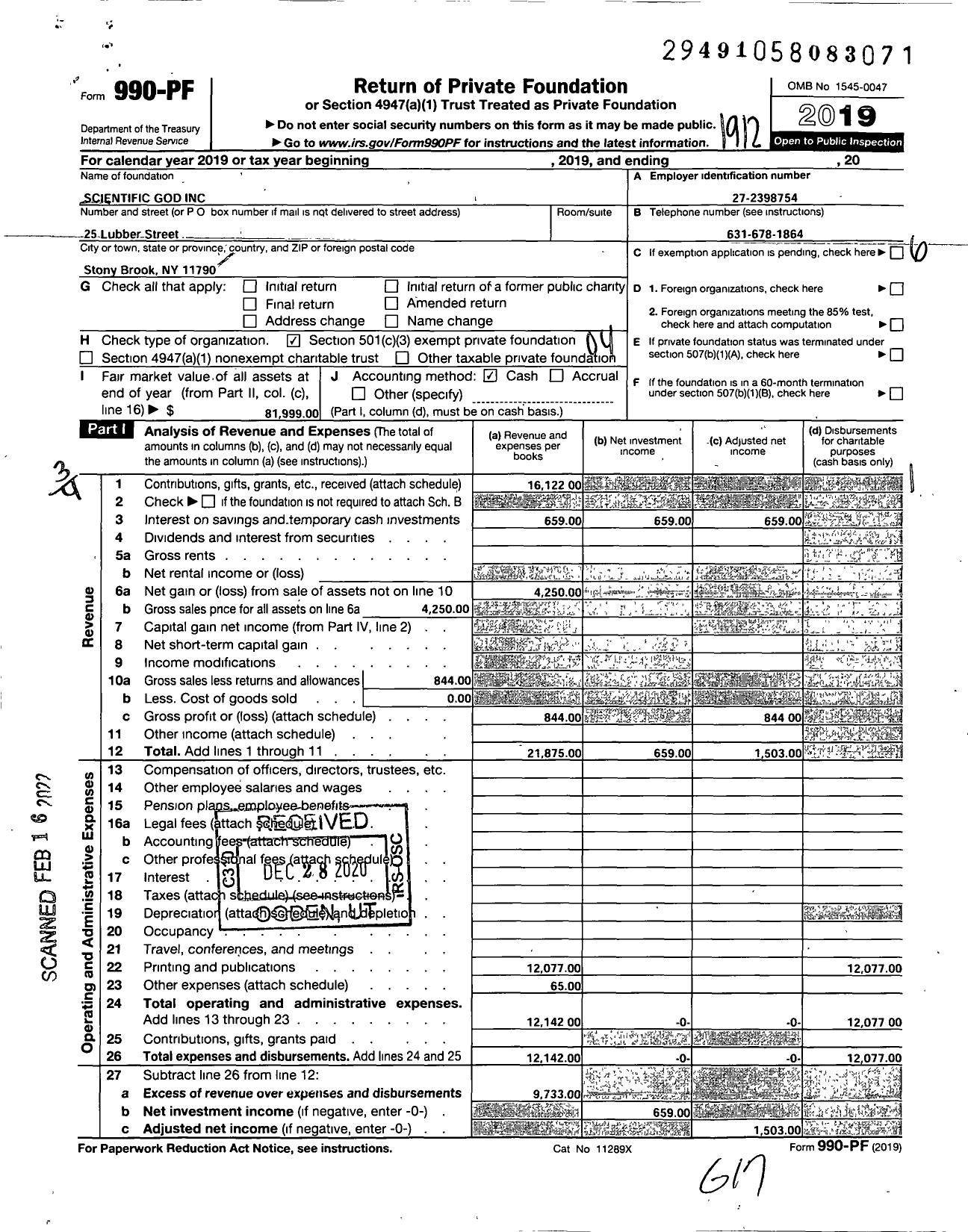 Image of first page of 2019 Form 990PF for Scientific God