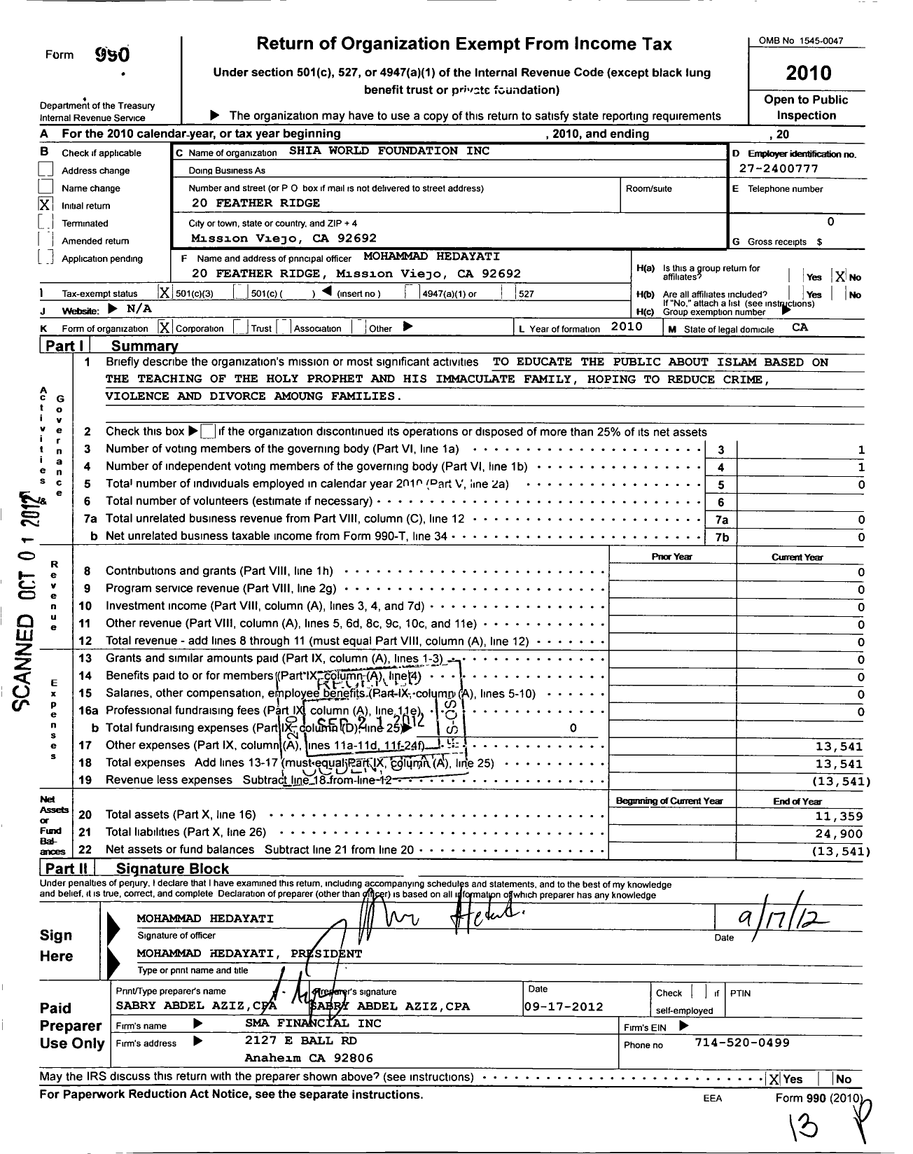 Image of first page of 2010 Form 990 for Shia World Foundation