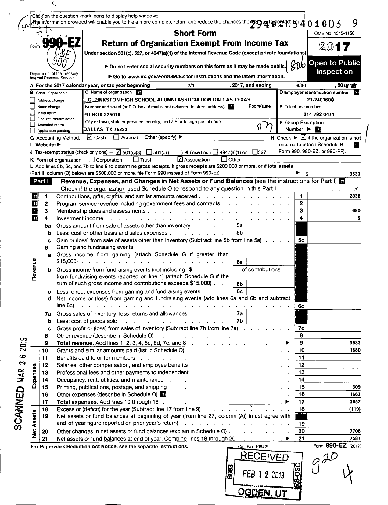 Image of first page of 2017 Form 990EZ for L G Pinkston High School Alumni Association of Dallas Texas