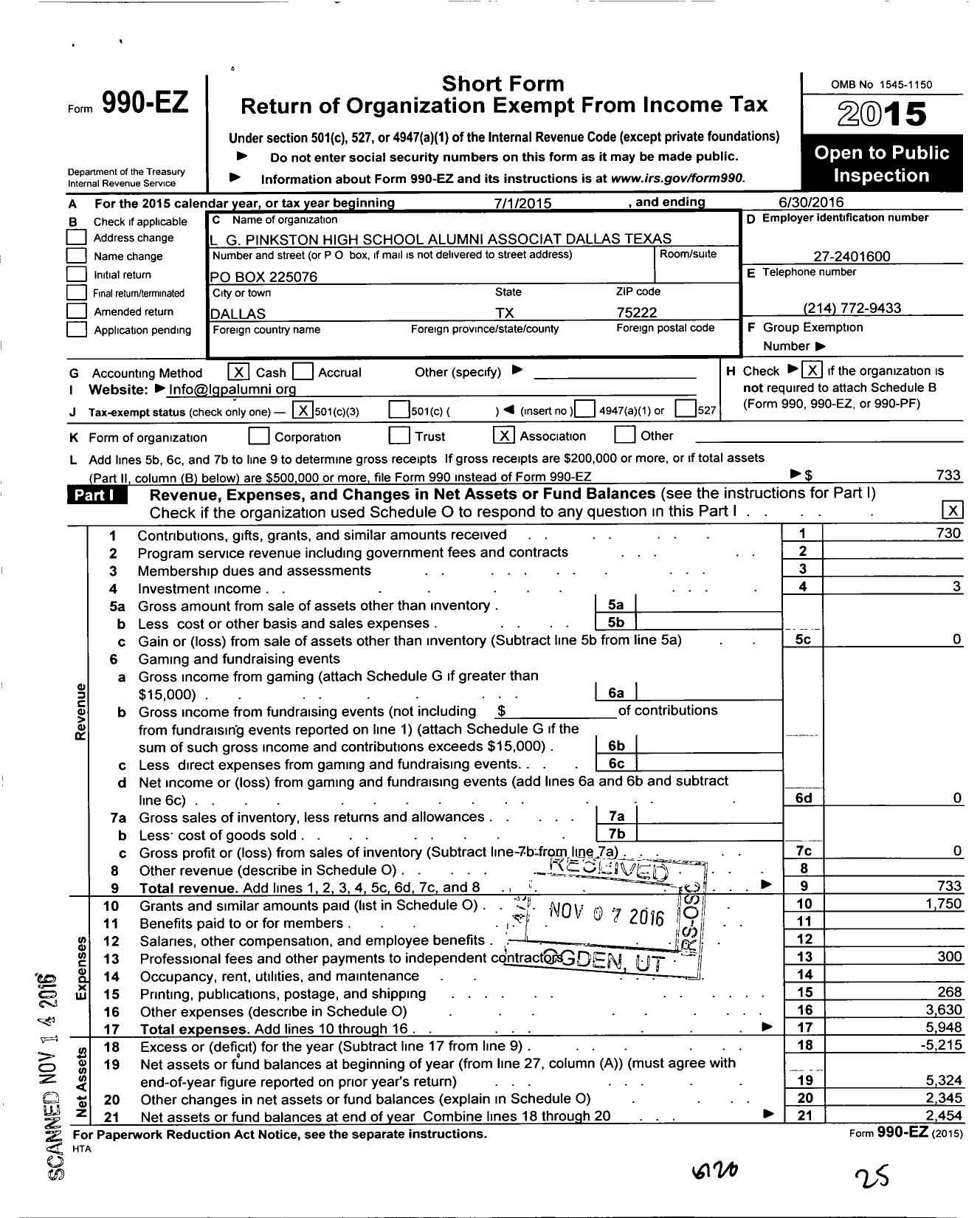 Image of first page of 2015 Form 990EZ for L G Pinkston High School Alumni Association of Dallas Texas