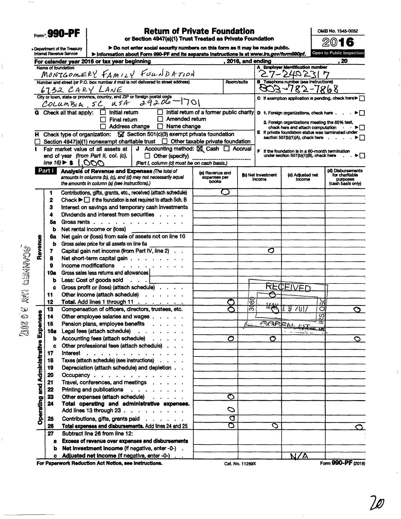 Image of first page of 2016 Form 990PF for Montgomery Family Foundation