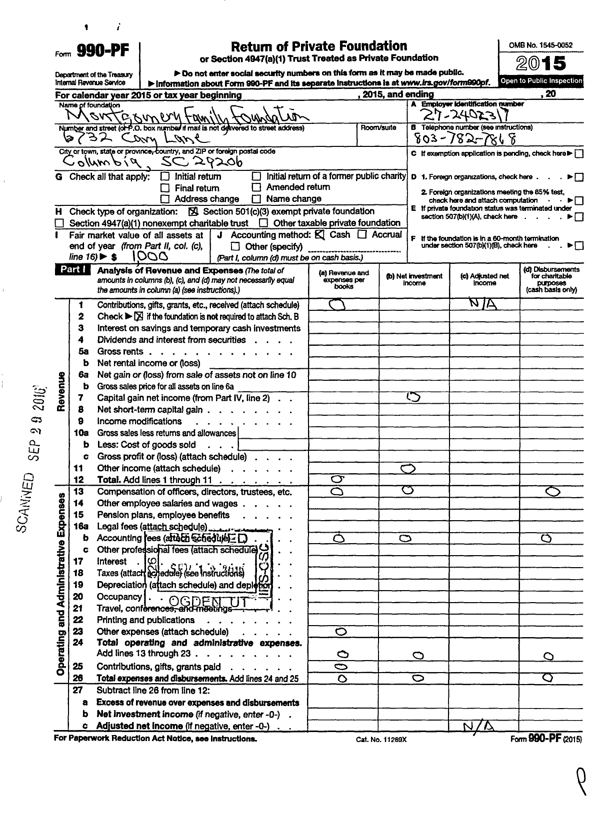 Image of first page of 2015 Form 990PF for Montgomery Family Foundation