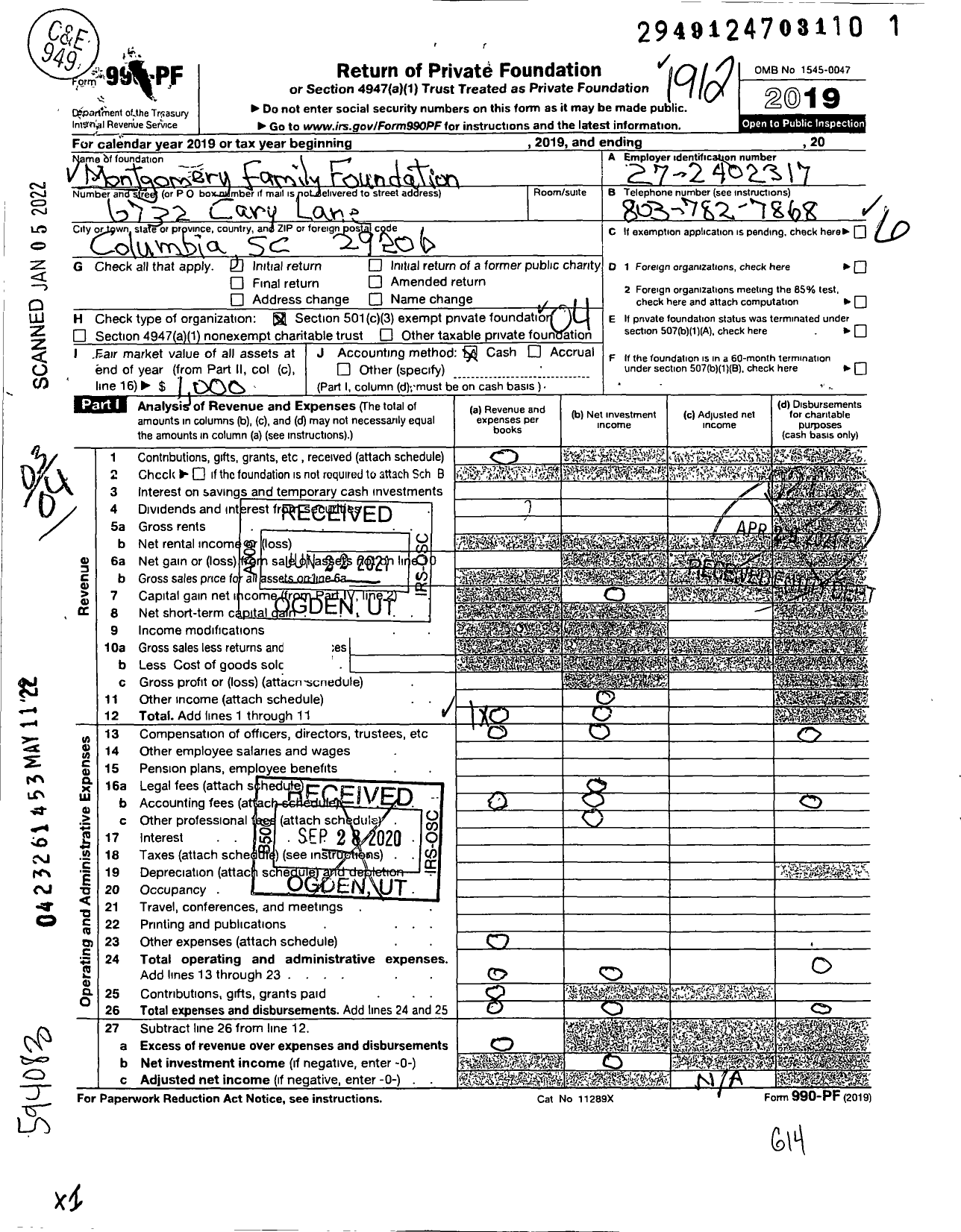 Image of first page of 2019 Form 990PF for Montgomery Family Foundation