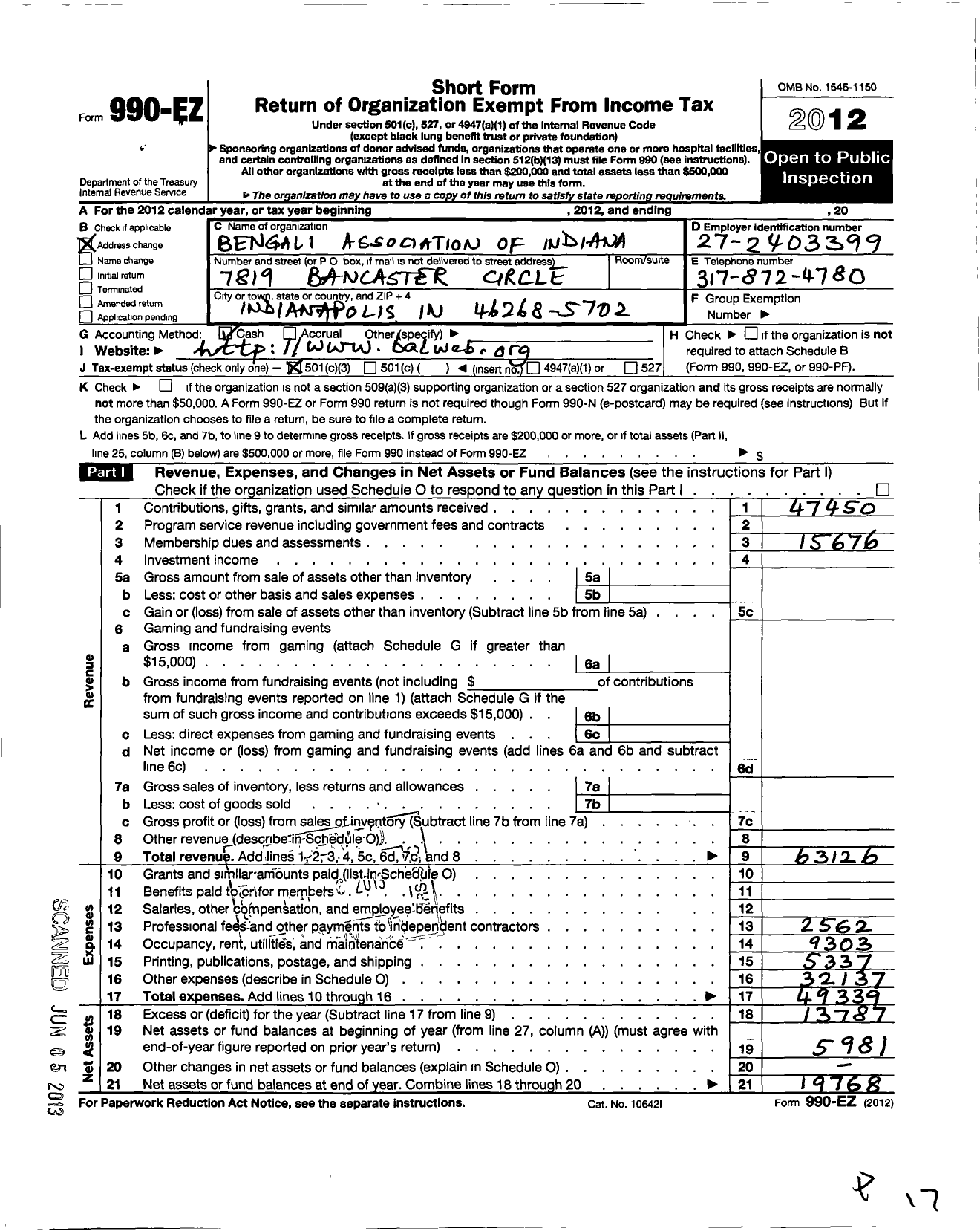 Image of first page of 2012 Form 990EZ for Bengali Association of Indiana