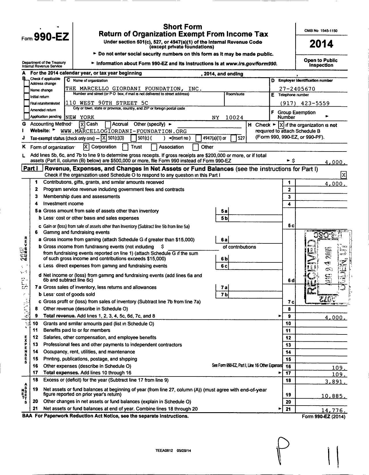 Image of first page of 2014 Form 990EZ for Marcello Giordani Foundation