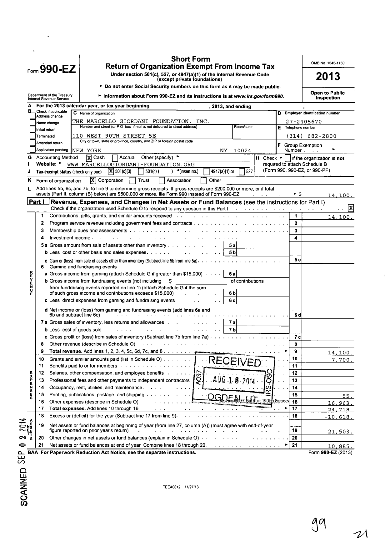 Image of first page of 2013 Form 990EZ for Marcello Giordani Foundation