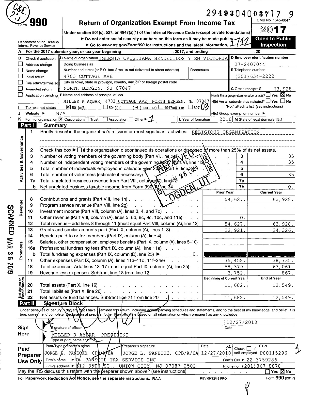 Image of first page of 2017 Form 990 for Iglesia Cristiana Bendecidos Y En Victoria