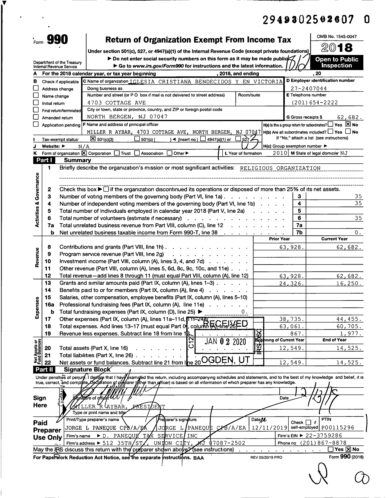 Image of first page of 2018 Form 990 for Iglesia Cristiana Bendecidos Y En Victoria