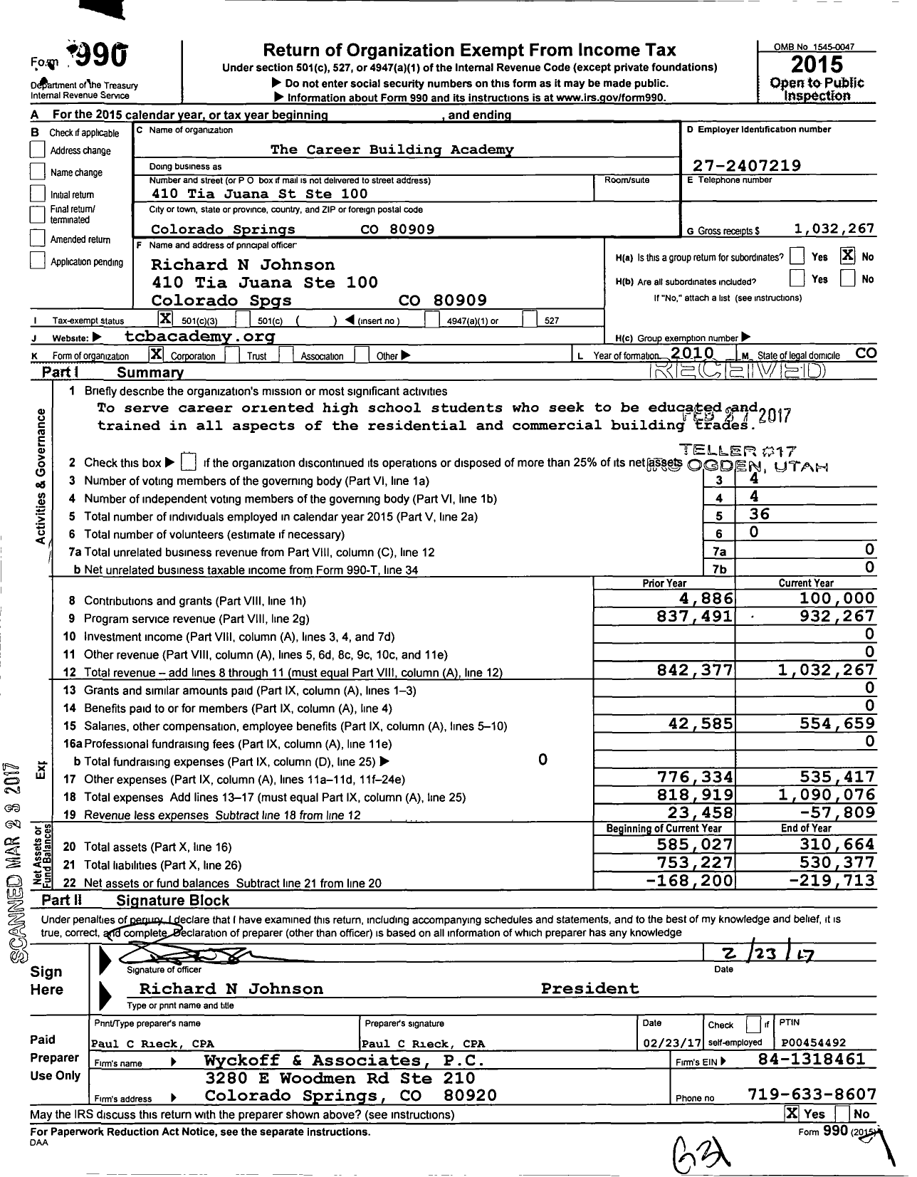 Image of first page of 2015 Form 990 for The Career Building Academy