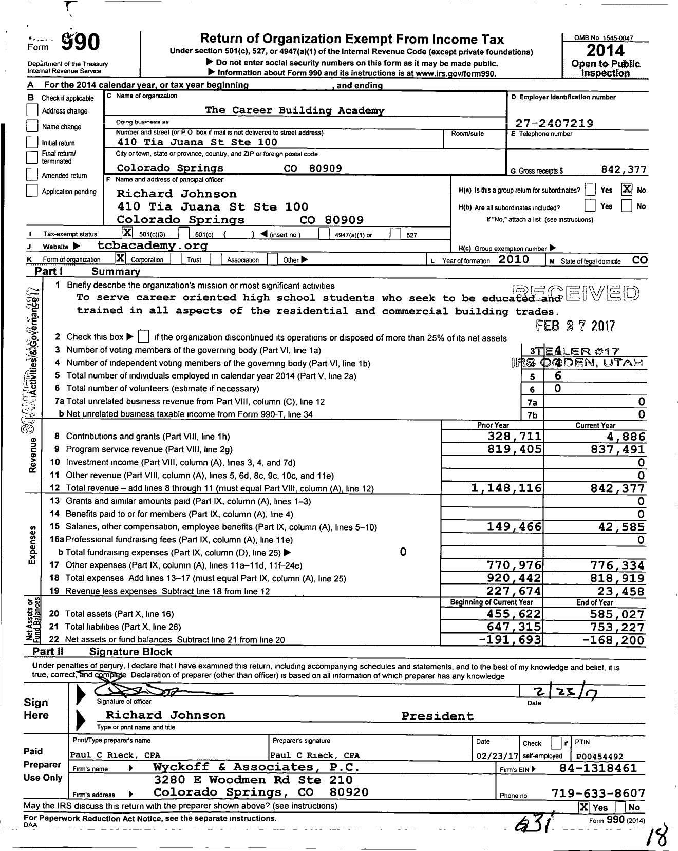 Image of first page of 2014 Form 990 for The Career Building Academy