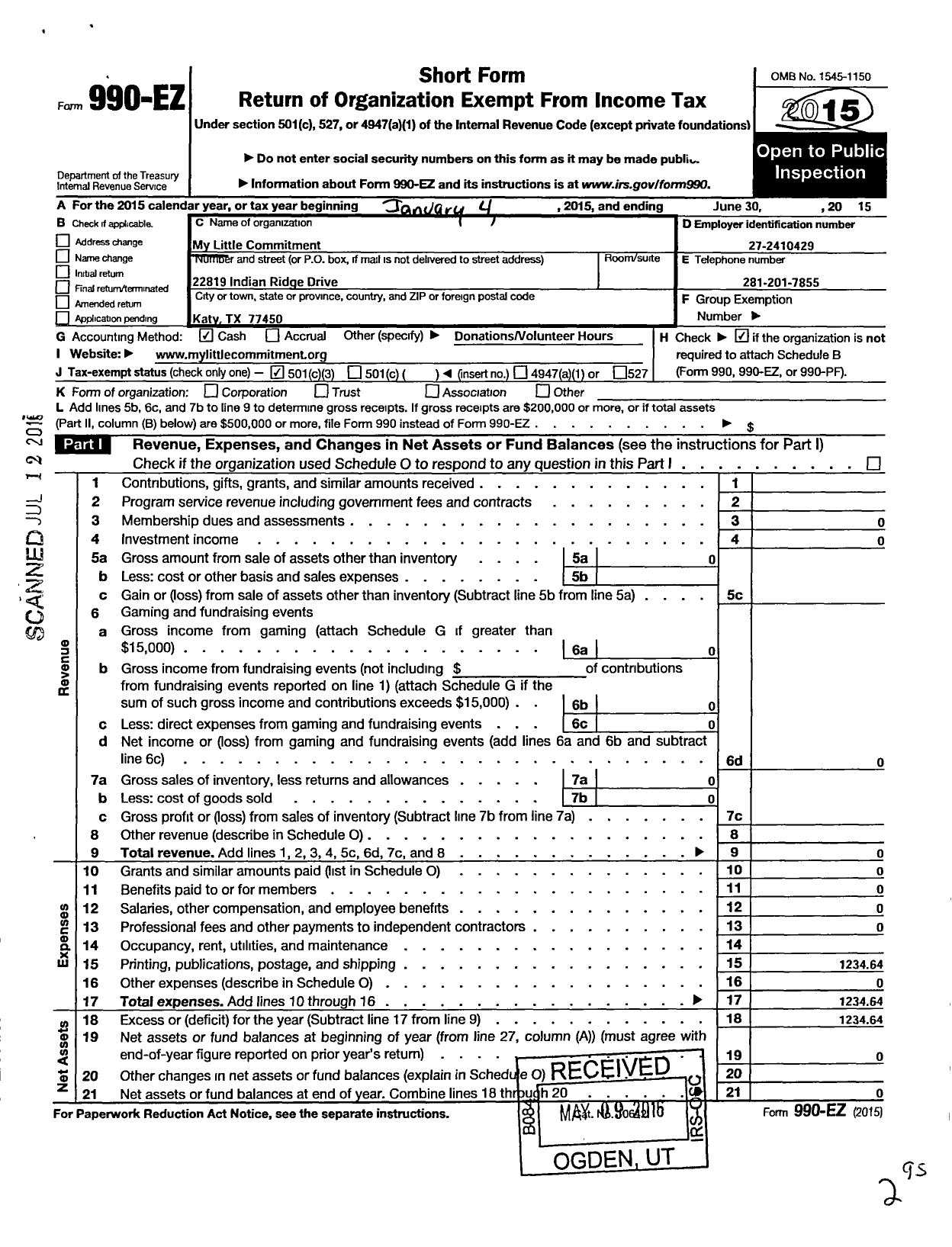 Image of first page of 2014 Form 990EZ for My Little Commitment