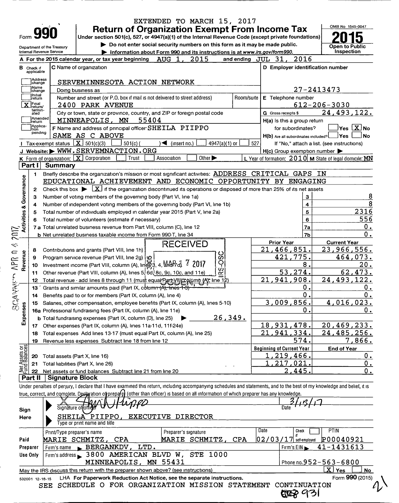 Image of first page of 2015 Form 990 for Serveminnesota Action Network