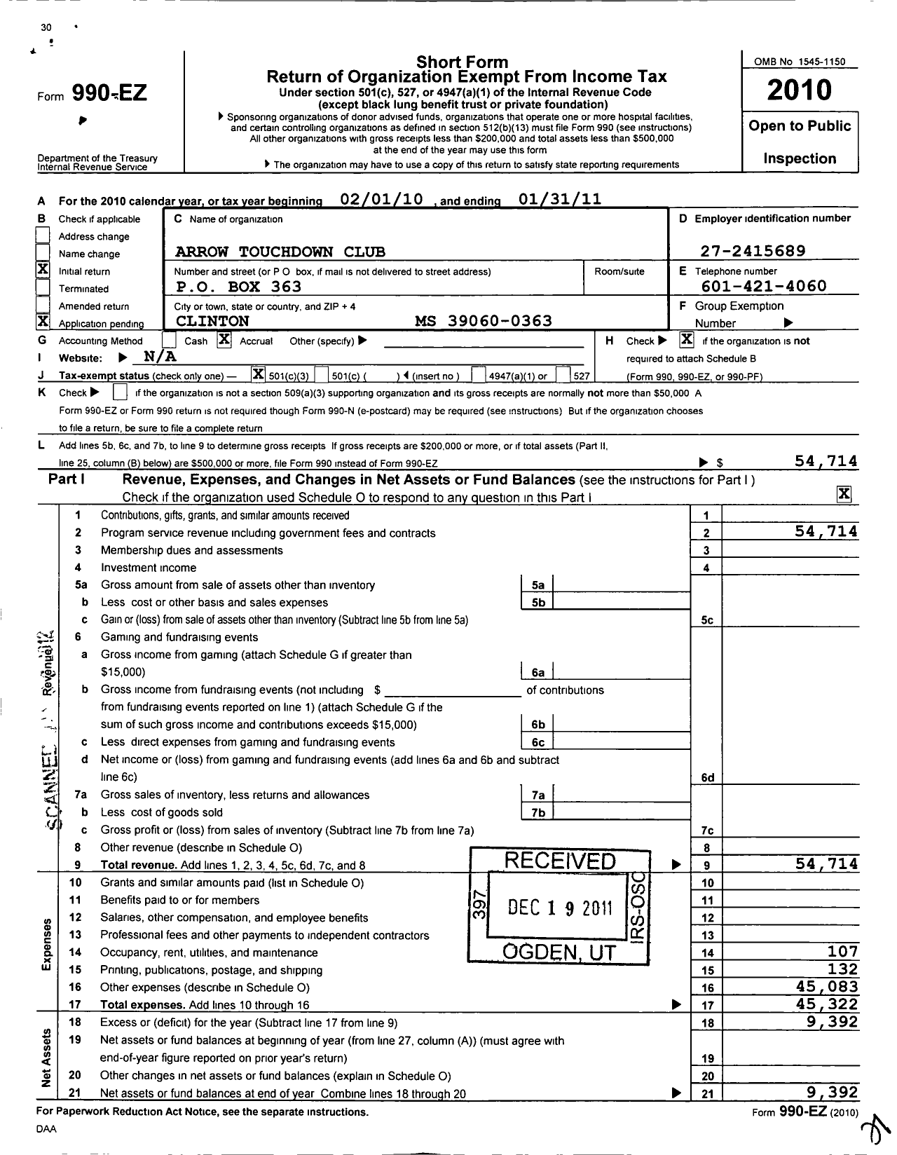 Image of first page of 2010 Form 990EZ for Arrow Touchdown Club