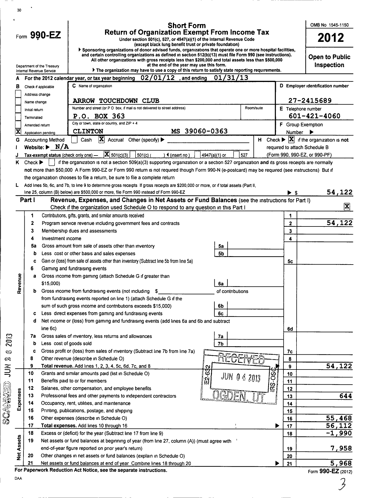 Image of first page of 2012 Form 990EZ for Arrow Touchdown Club