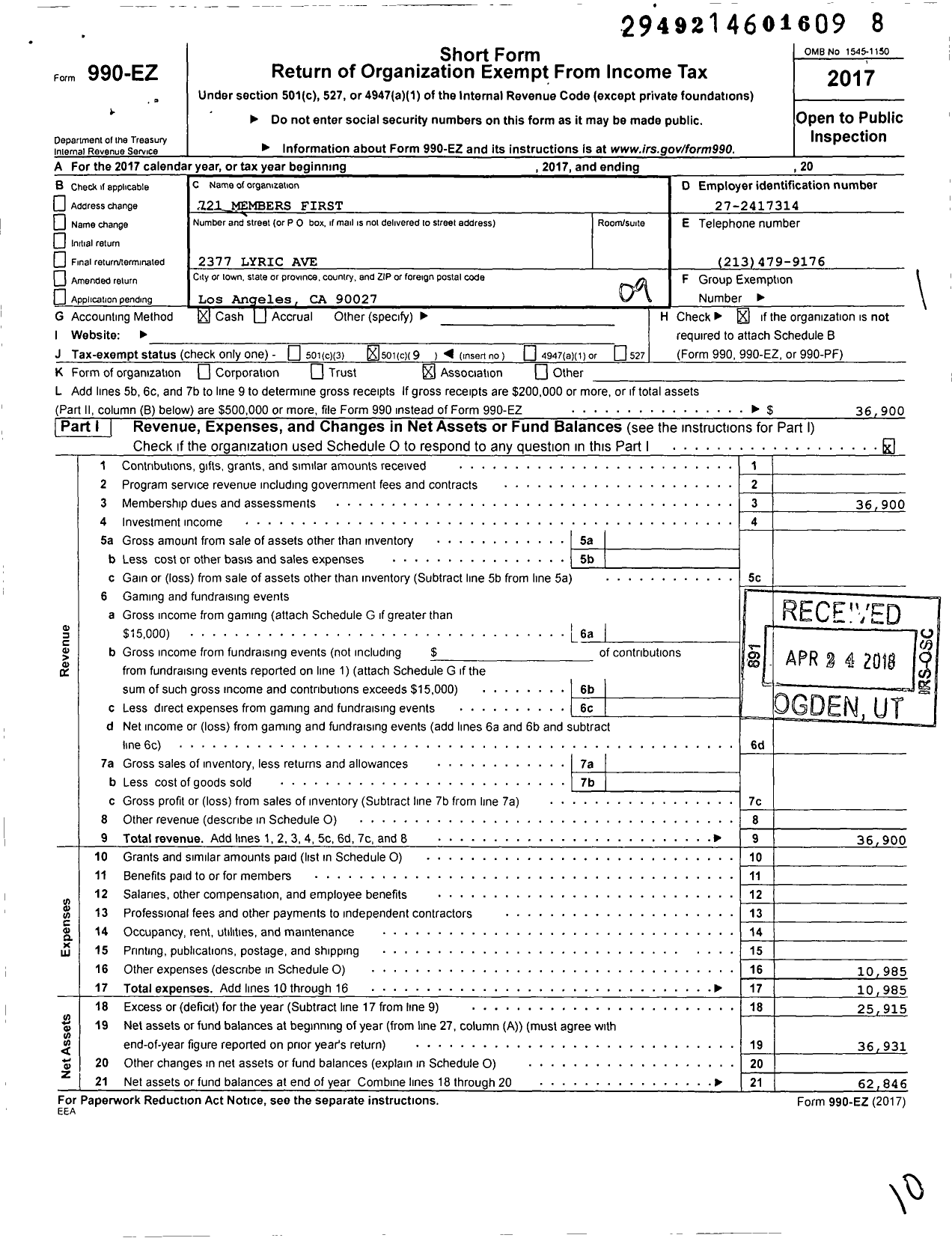 Image of first page of 2017 Form 990EO for 721 Members First