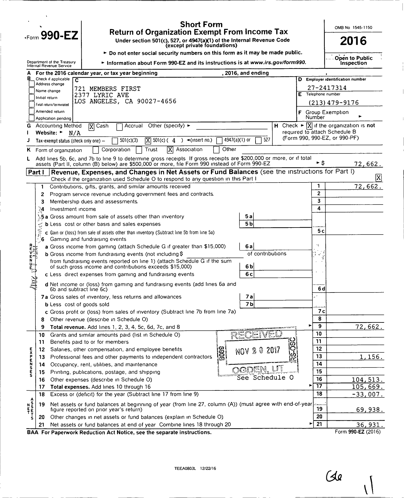 Image of first page of 2016 Form 990EO for 721 Members First