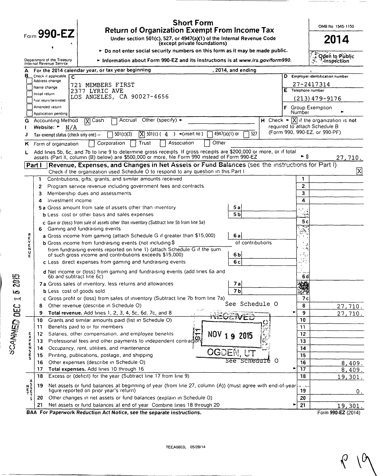 Image of first page of 2014 Form 990EO for 721 Members First