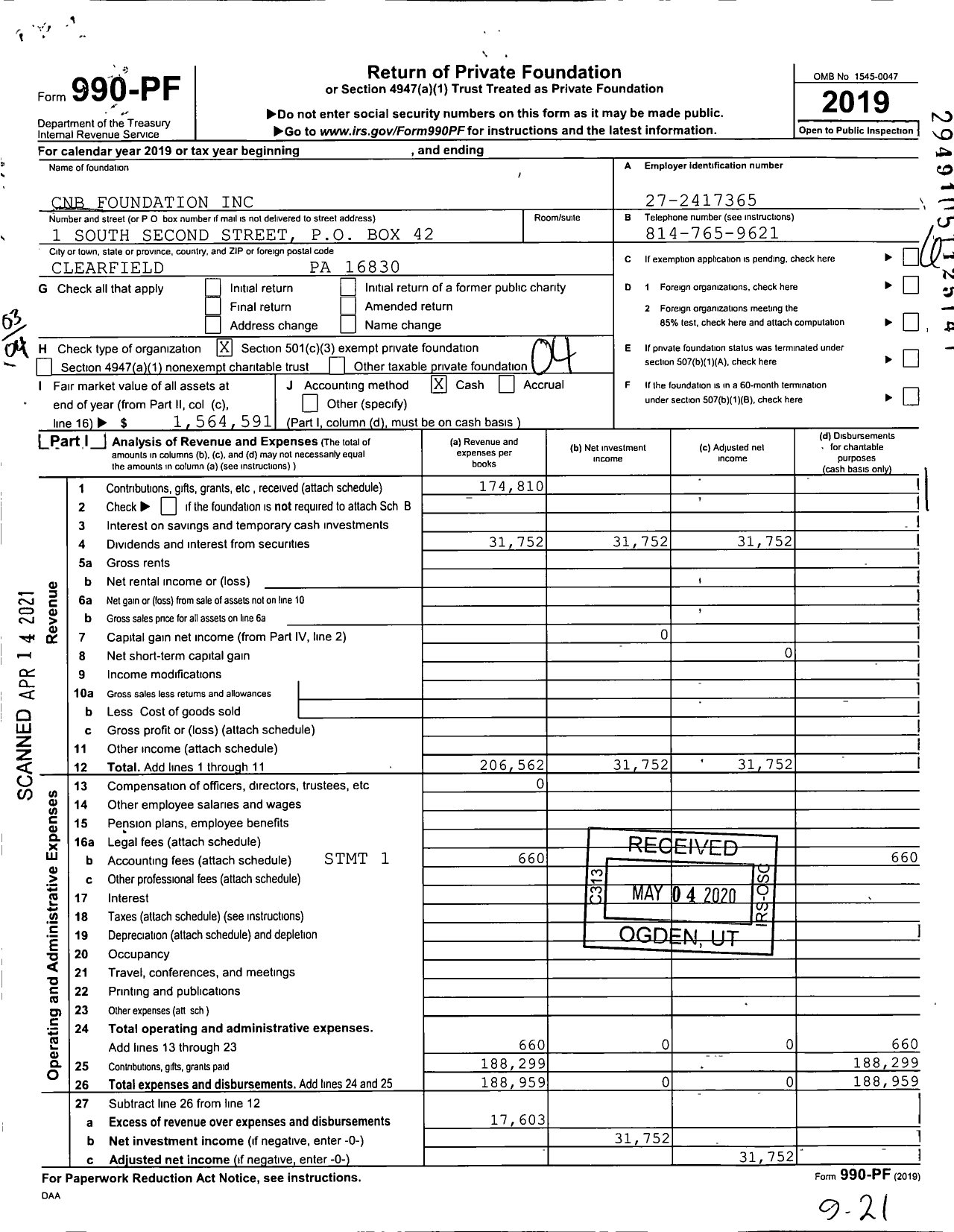 Image of first page of 2019 Form 990PF for CNB Foundation