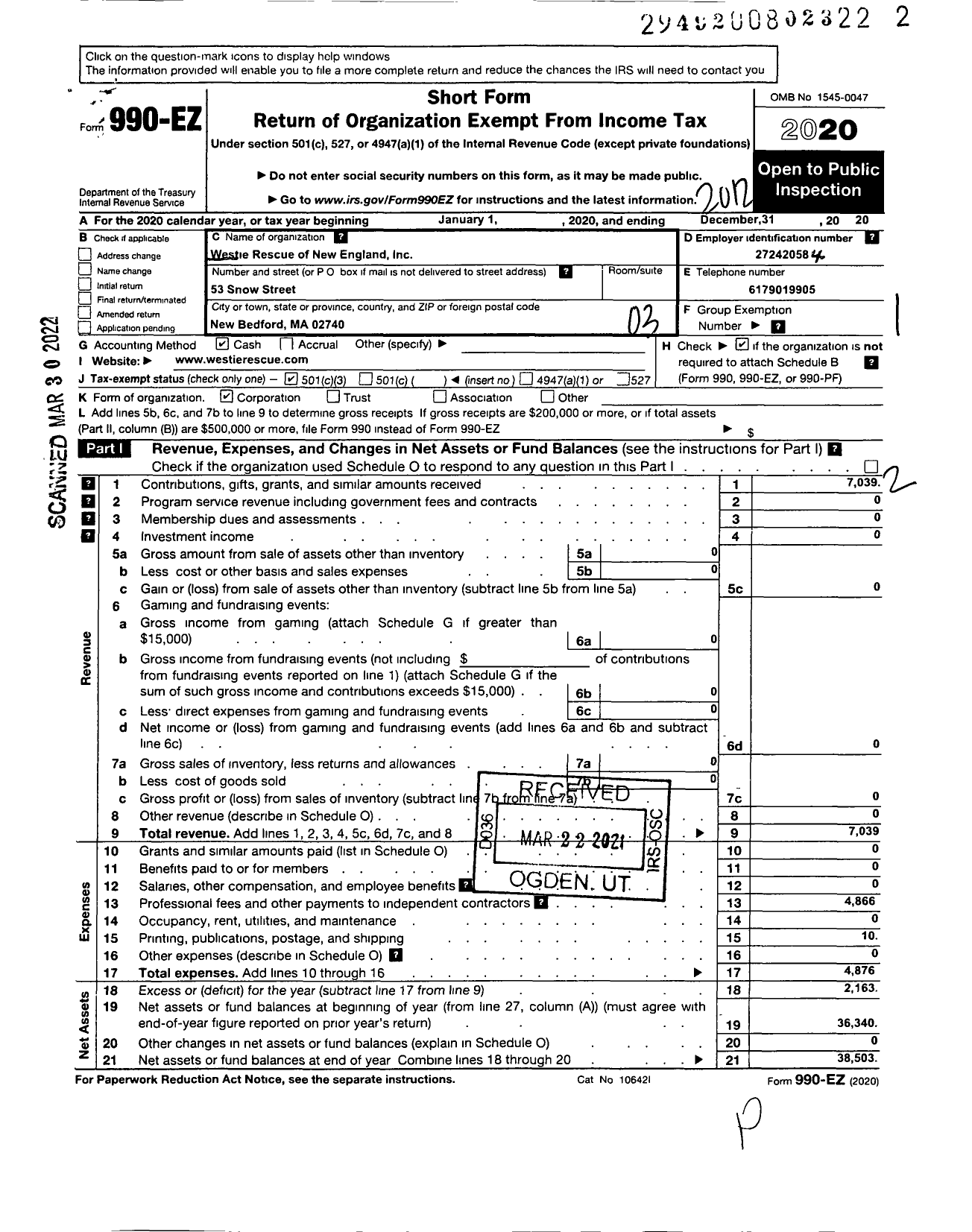 Image of first page of 2020 Form 990EZ for Westie Rescue of New England