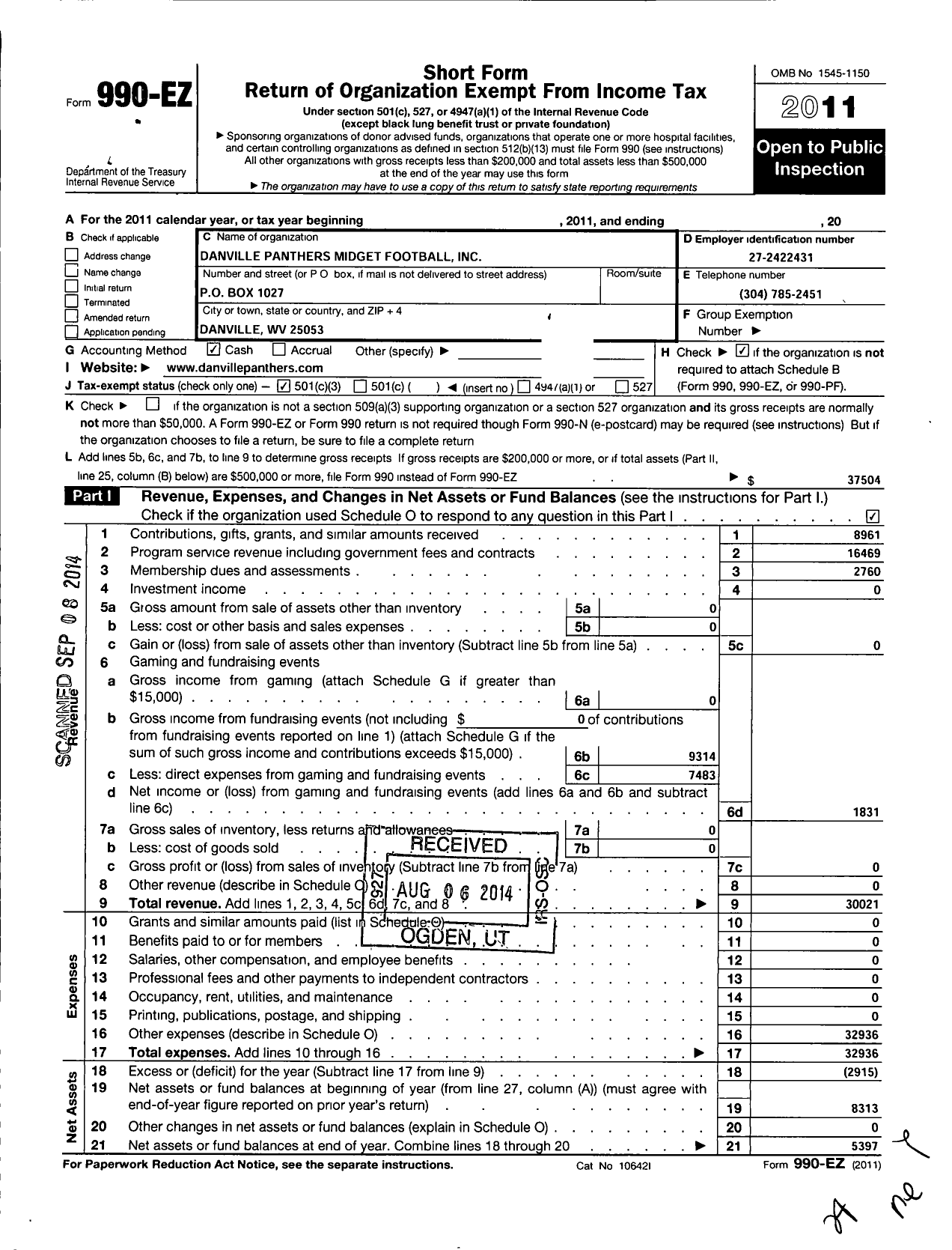 Image of first page of 2011 Form 990EZ for Danville Hawks Youth Football League