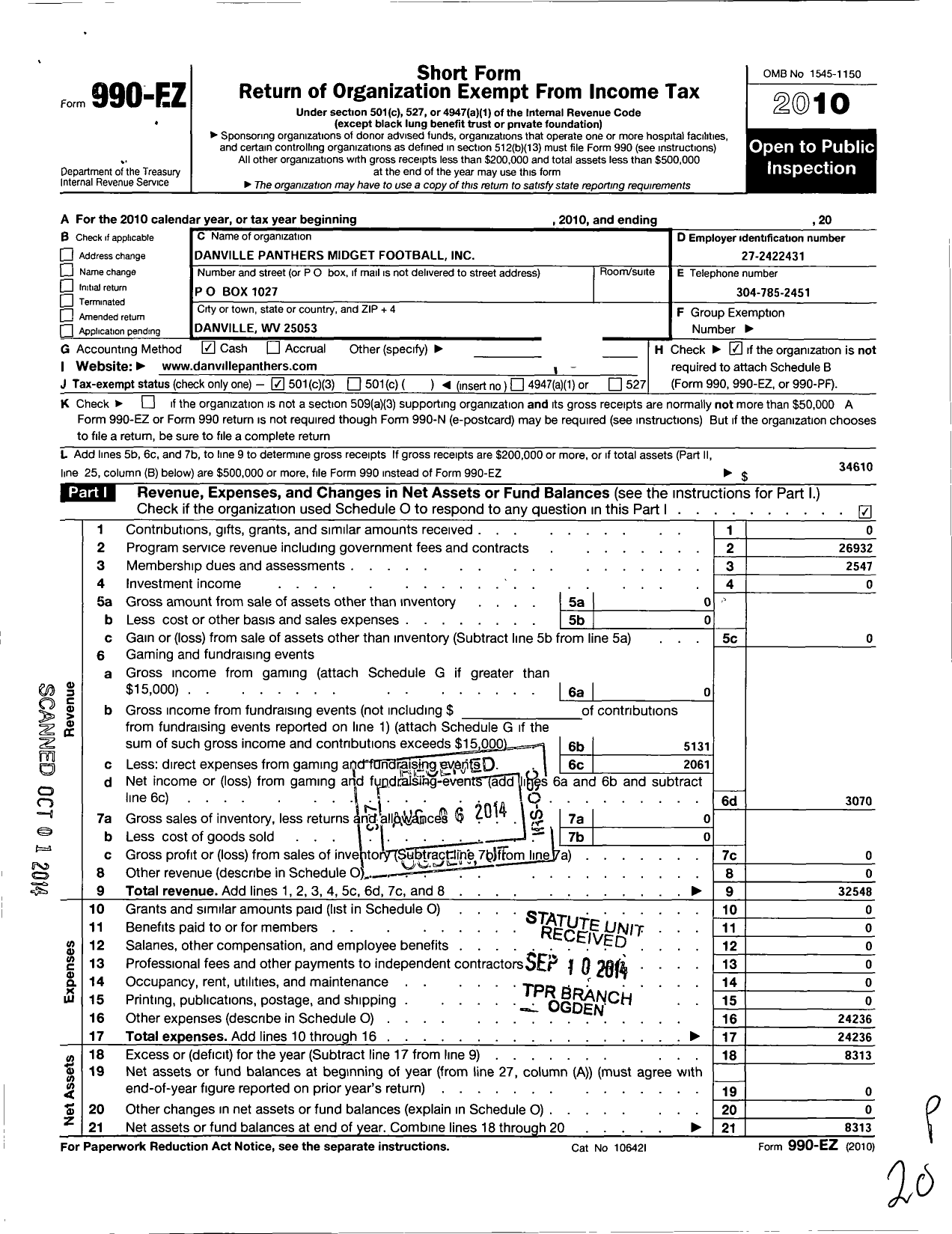 Image of first page of 2010 Form 990EZ for Danville Hawks Youth Football League