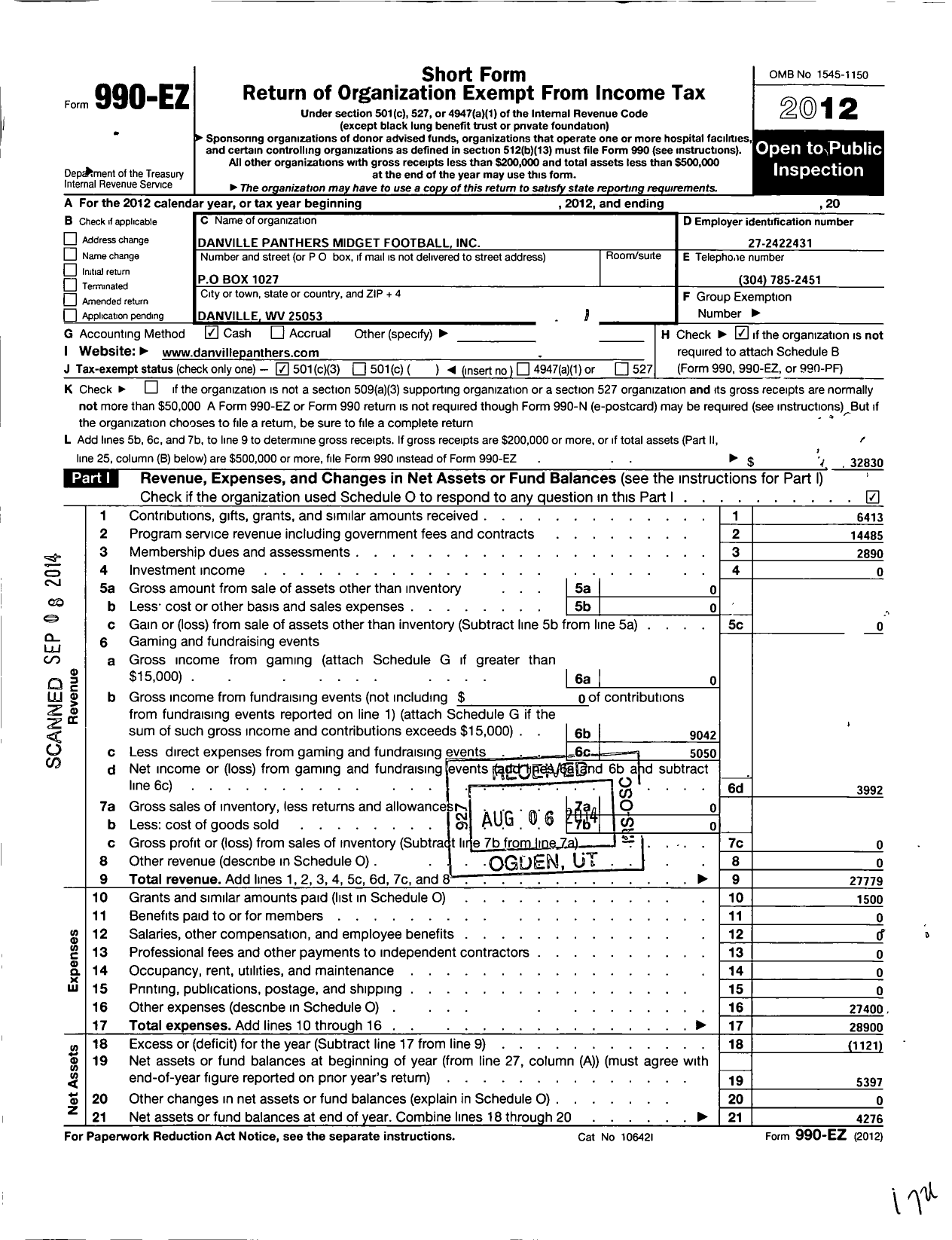 Image of first page of 2012 Form 990EZ for Danville Hawks Youth Football League