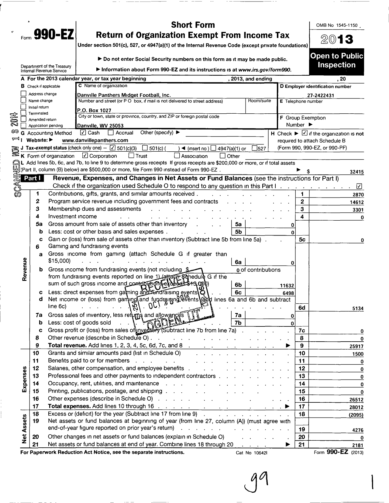 Image of first page of 2013 Form 990EZ for Danville Hawks Youth Football League