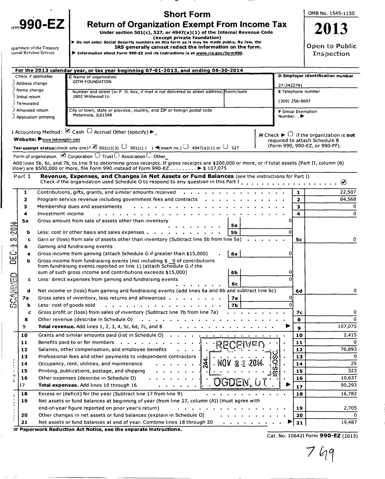 Image of first page of 2013 Form 990EZ for GITM Foundation