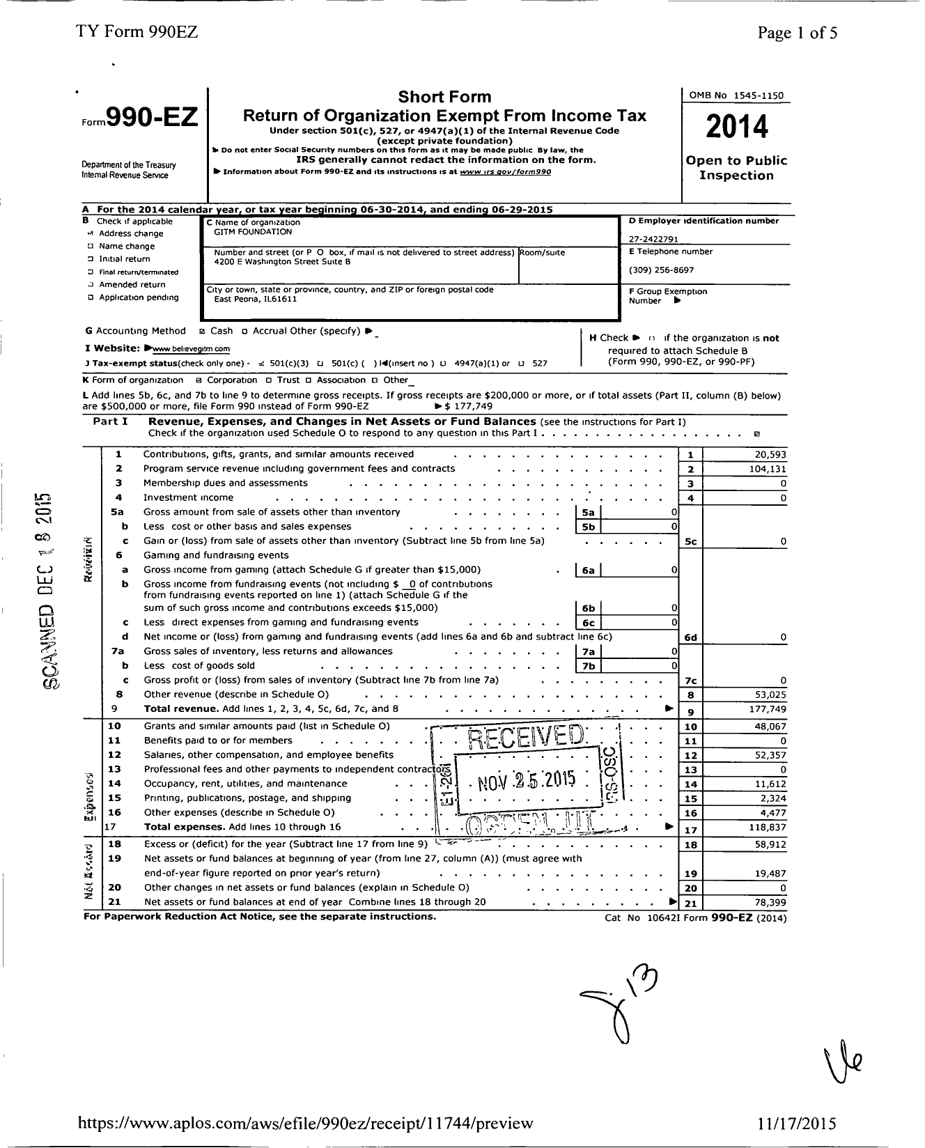 Image of first page of 2014 Form 990EZ for GITM Foundation