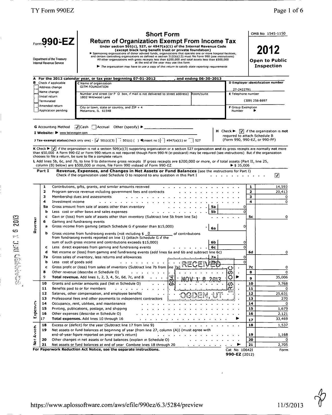 Image of first page of 2012 Form 990EZ for GITM Foundation