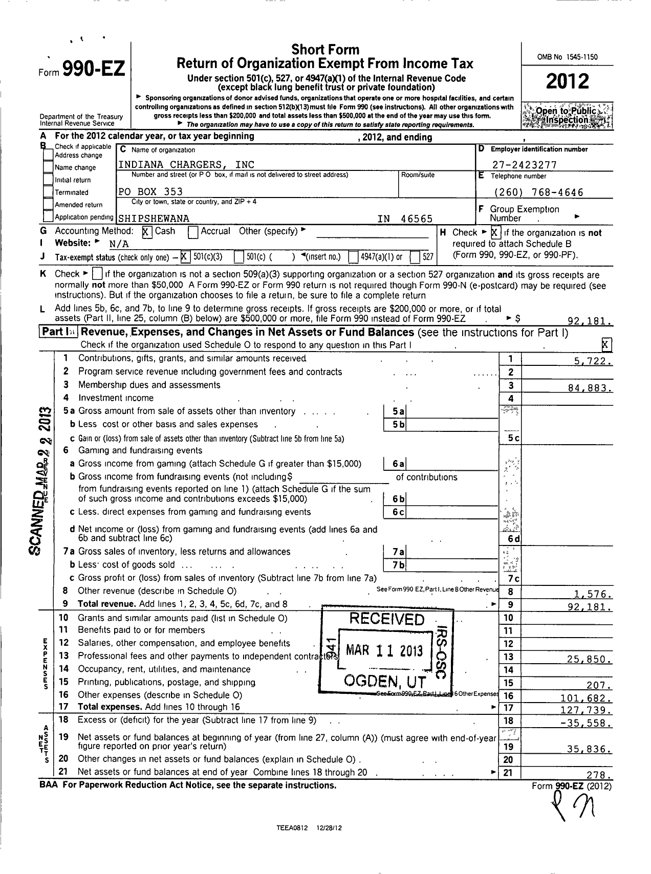 Image of first page of 2012 Form 990EZ for Indiana Chargers