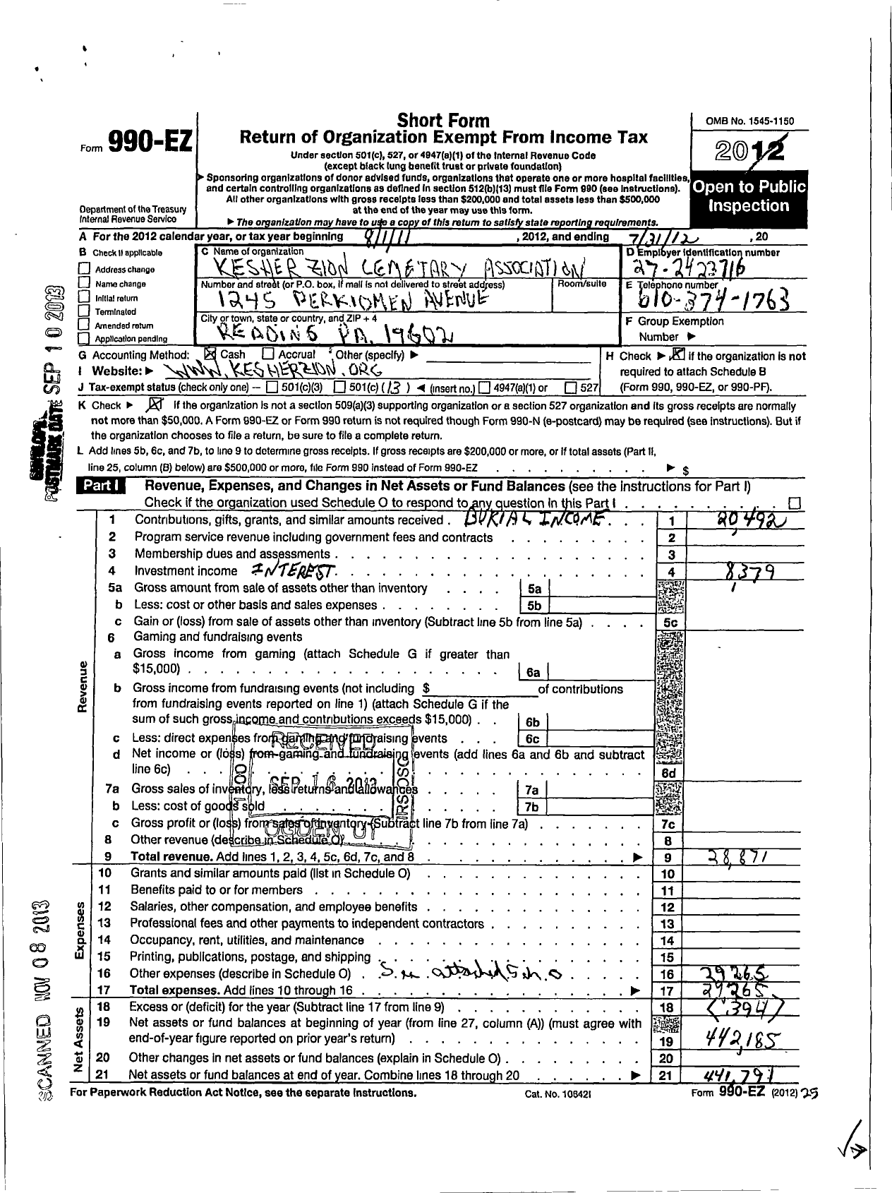 Image of first page of 2011 Form 990EO for Kesher Zion Cemetery Association