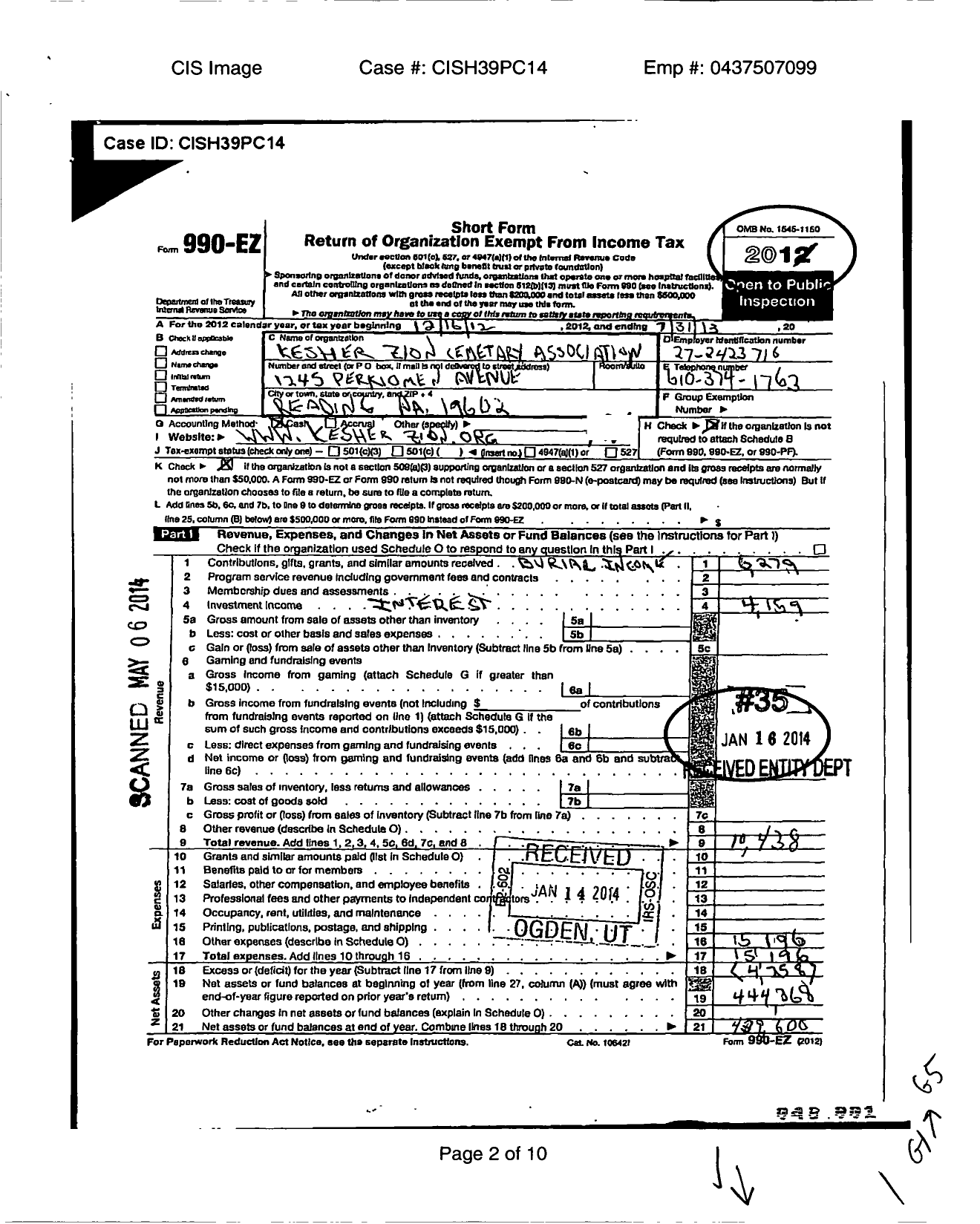 Image of first page of 2012 Form 990EO for Kesher Zion Cemetery Association