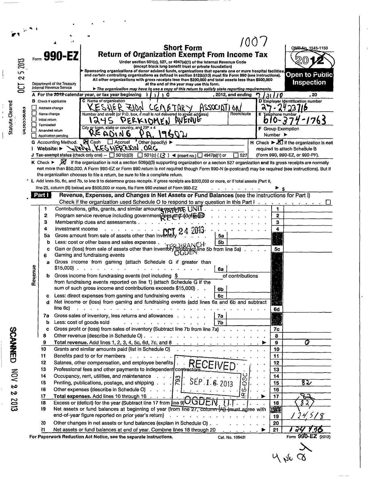 Image of first page of 2009 Form 990EO for Kesher Zion Cemetery Association