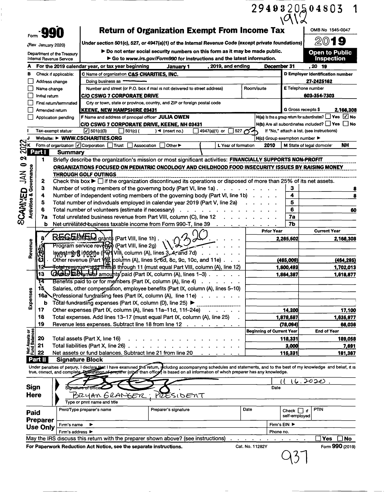 Image of first page of 2019 Form 990 for C&S Charities