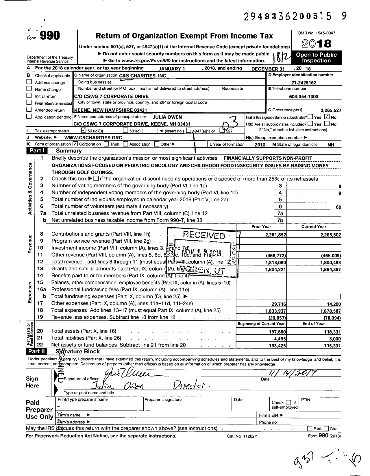 Image of first page of 2018 Form 990 for C&S Charities