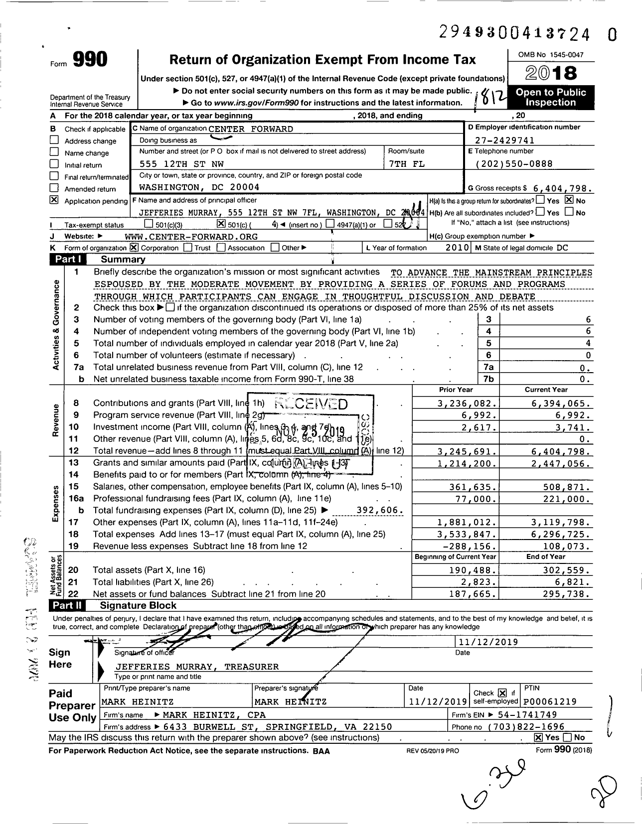 Image of first page of 2018 Form 990O for Center Forward