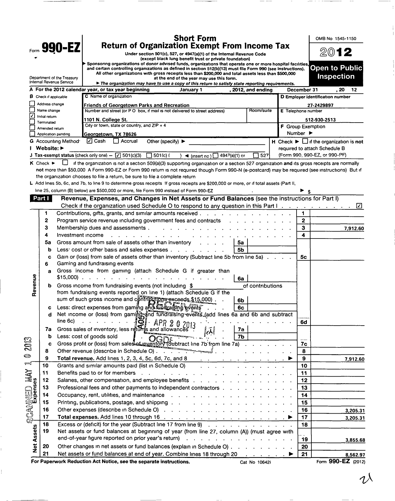 Image of first page of 2012 Form 990EZ for Friends of Georgetown Parks and Recreation