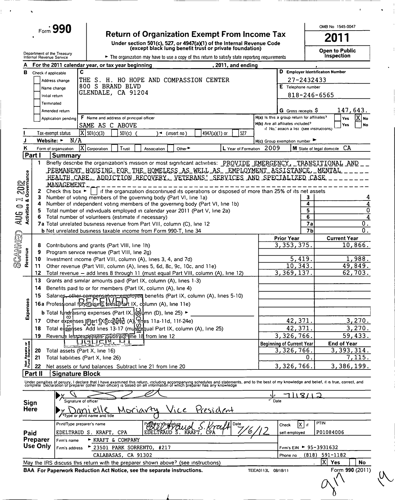 Image of first page of 2011 Form 990 for S H Ho Hope and Compassion Center