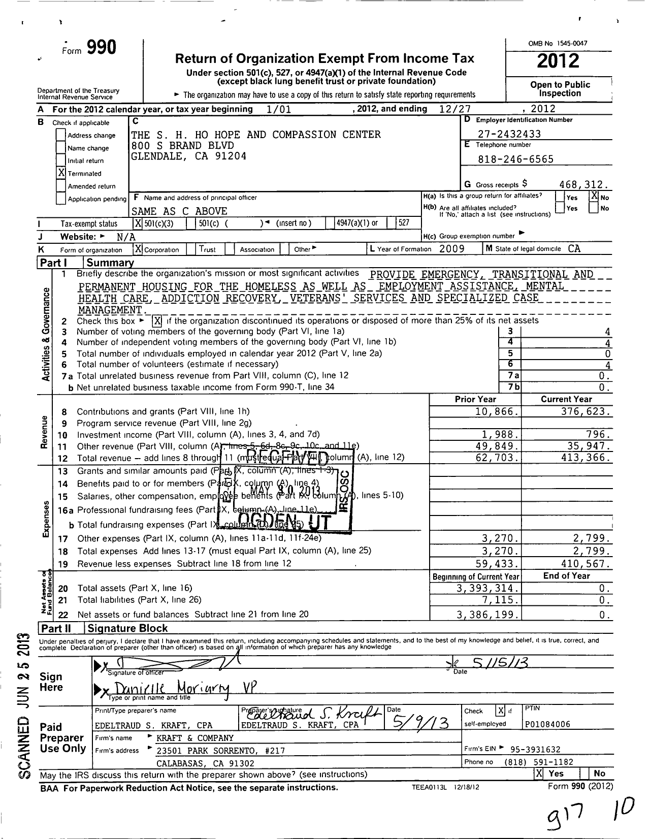 Image of first page of 2012 Form 990 for S H Ho Hope and Compassion Center