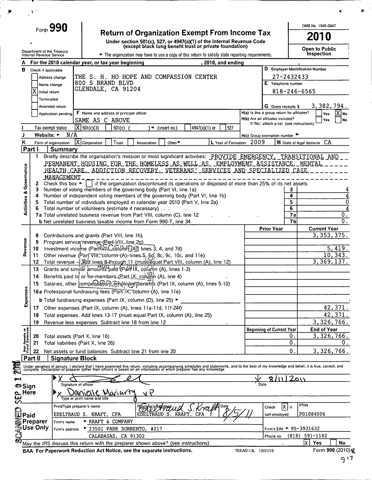 Image of first page of 2010 Form 990 for S H Ho Hope and Compassion Center