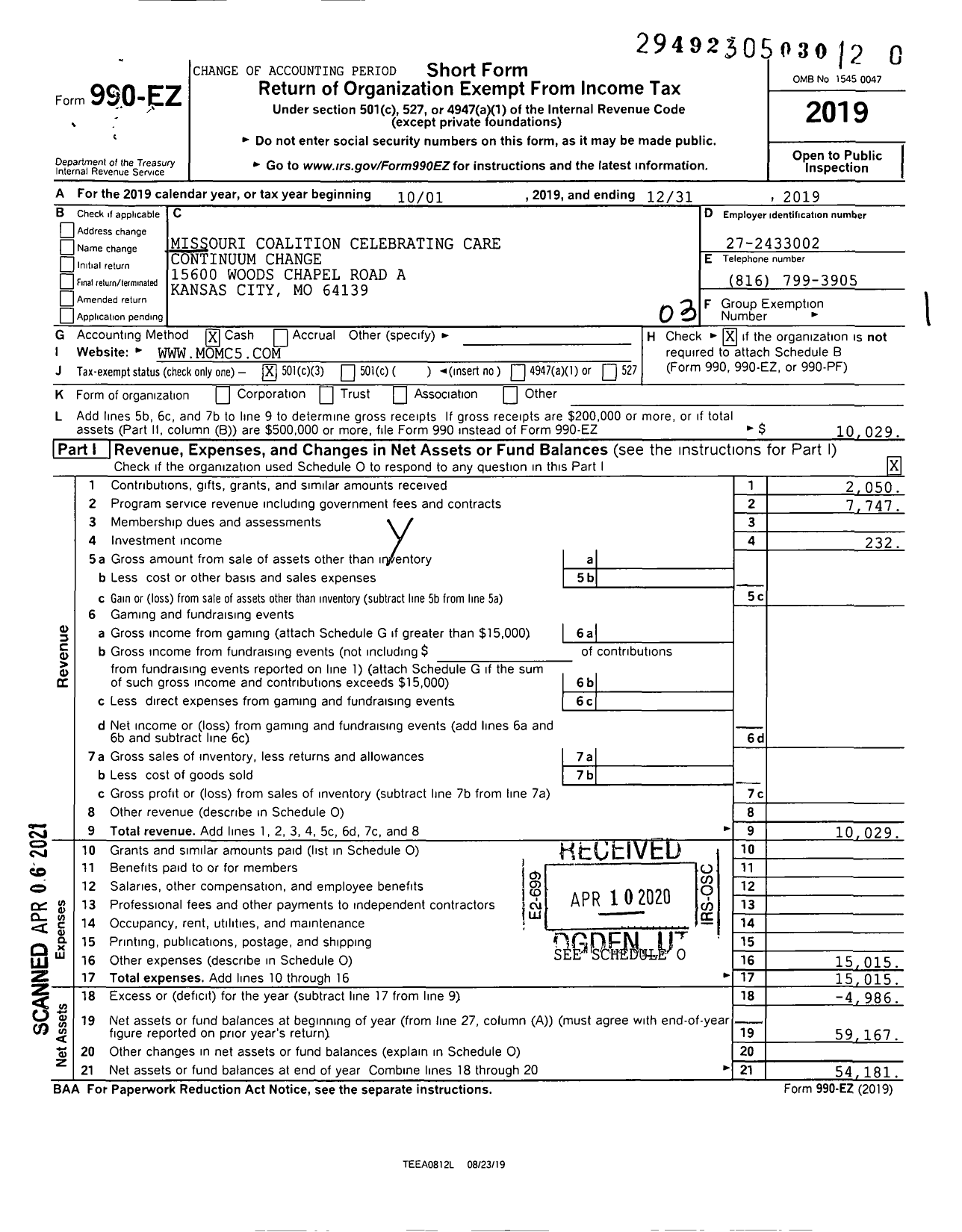 Image of first page of 2019 Form 990EZ for Missouri Coalition Celebrating Care Continuum Change