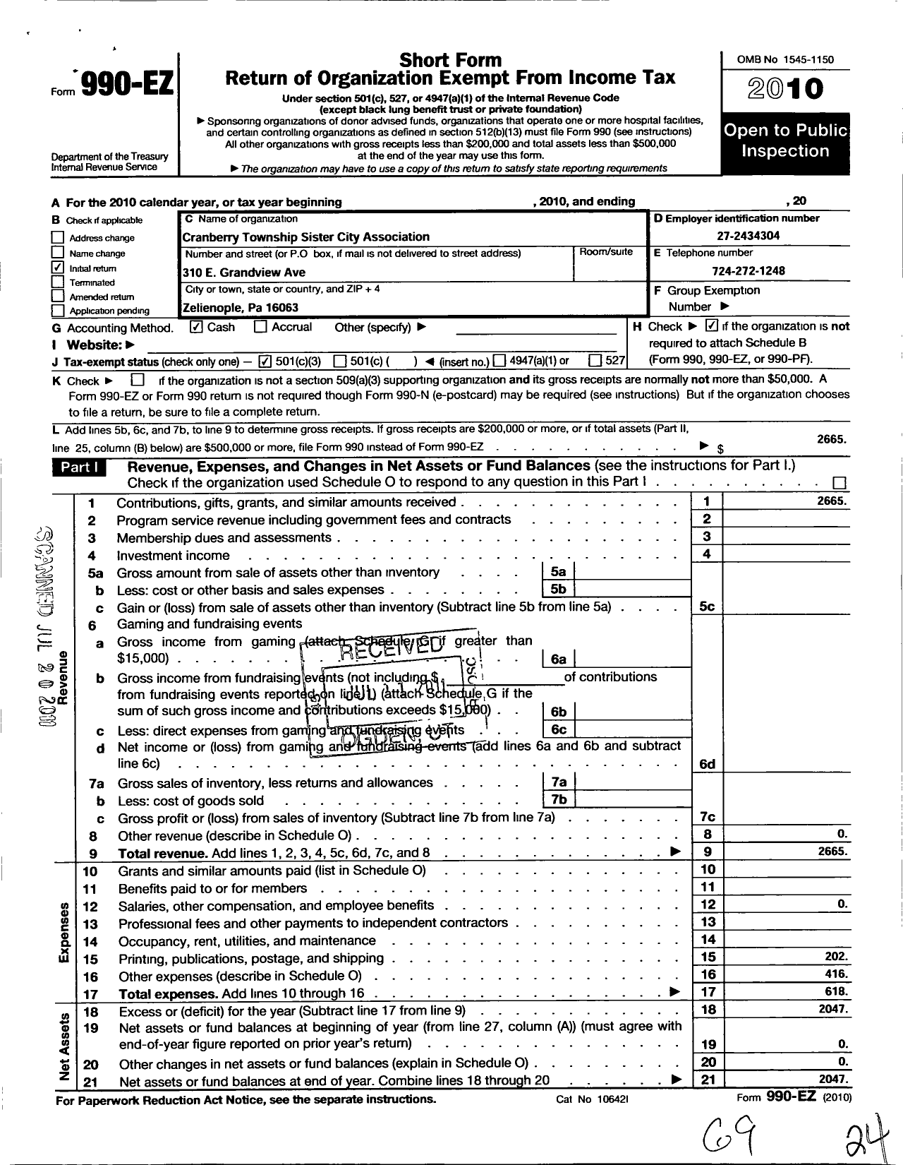 Image of first page of 2010 Form 990EZ for Cranberry Township Sister City Association